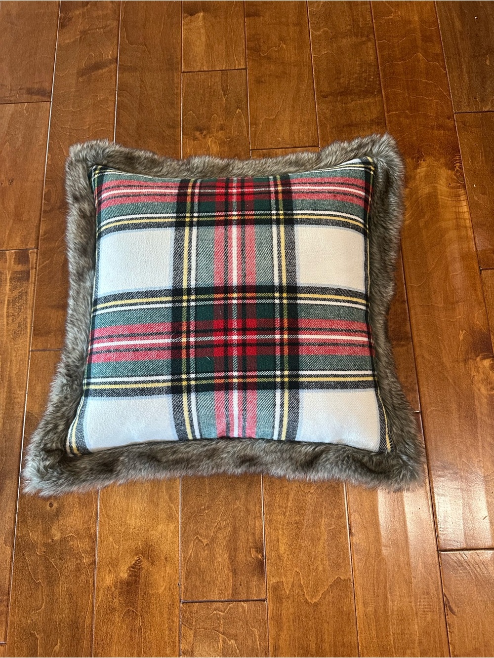 Newport Plaid Holiday Pillow with Faux Fur Trim - Red, Green, Cream, Gray